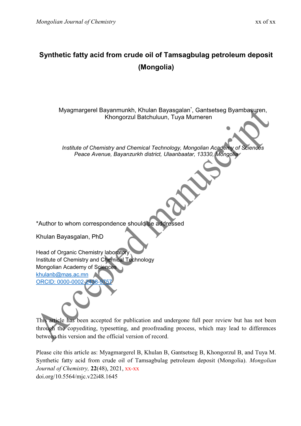 Synthetic Fatty Acid from Crude Oil of Tamsagbulag Petroleum Deposit (Mongolia)