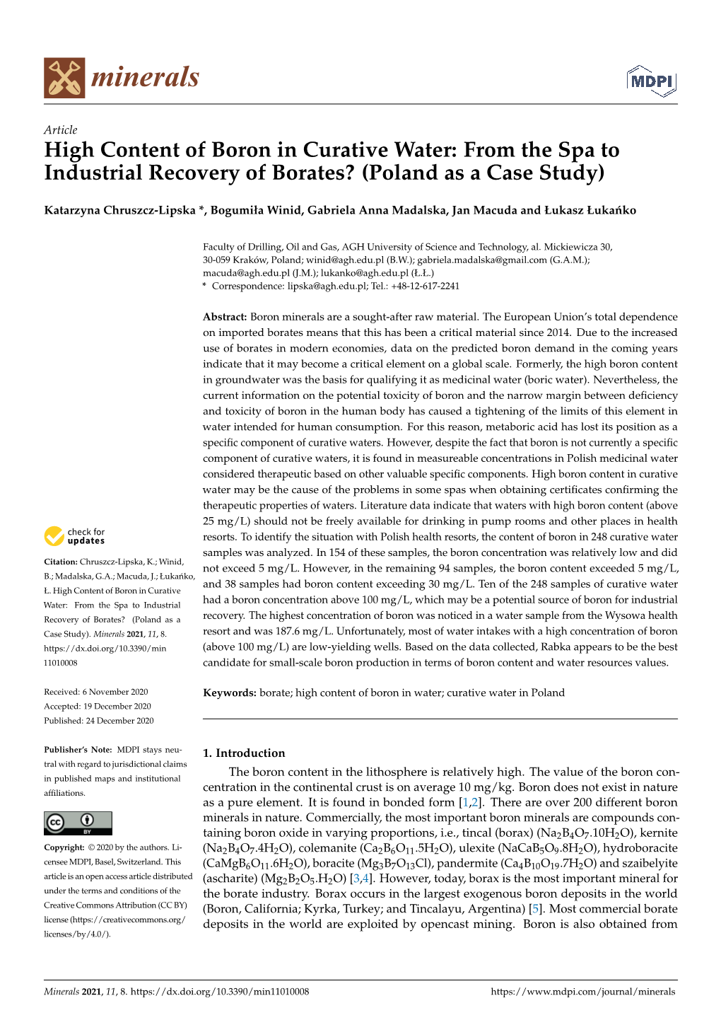 High Content of Boron in Curative Water: from the Spa to Industrial Recovery of Borates? (Poland As a Case Study)