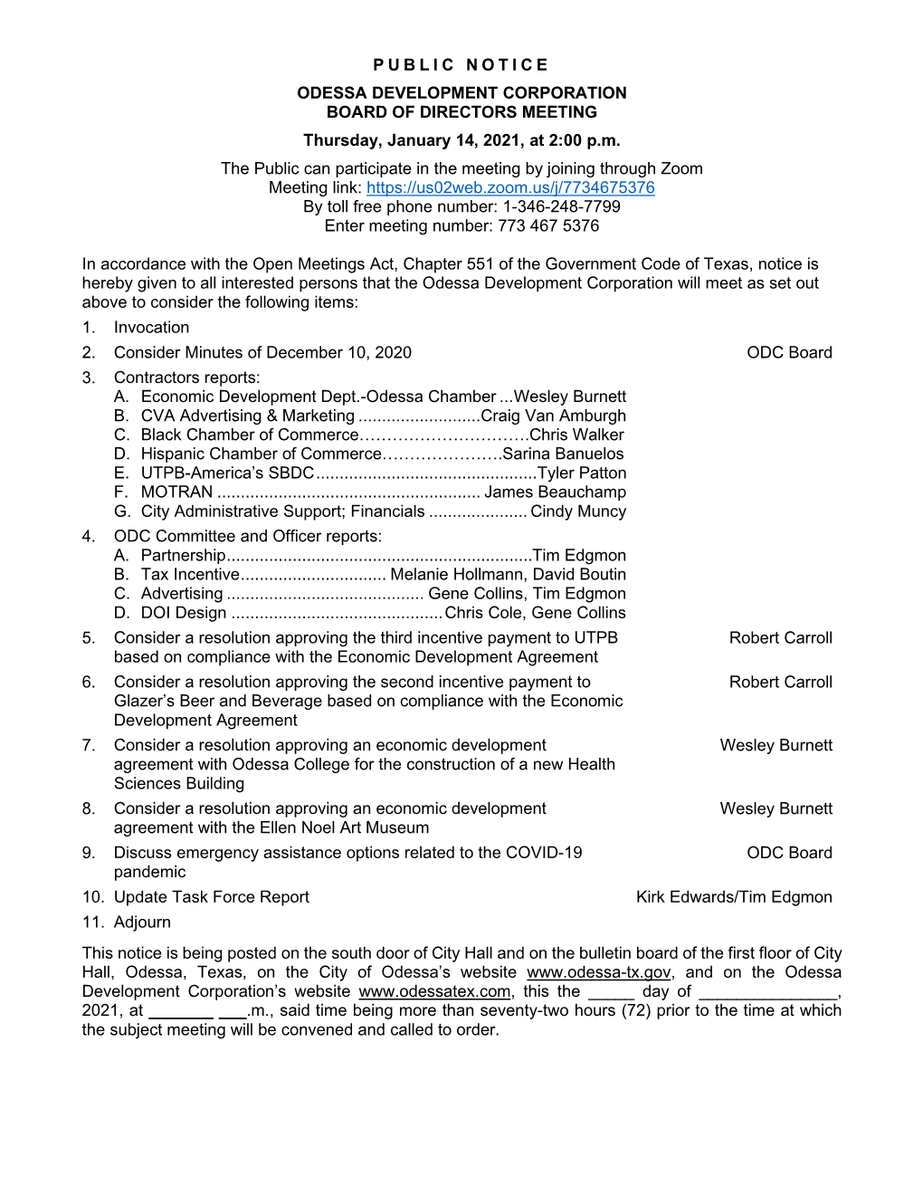 ODESSA DEVELOPMENT CORPORATION BOARD of DIRECTORS MEETING Thursday, January 14, 2021, at 2:00 P.M