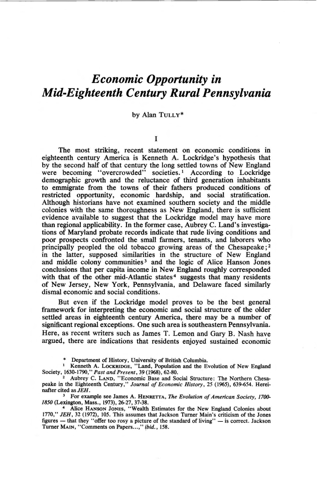 Economic Opportunity in Mid-Eighteenth Century Rural Pennsylvania