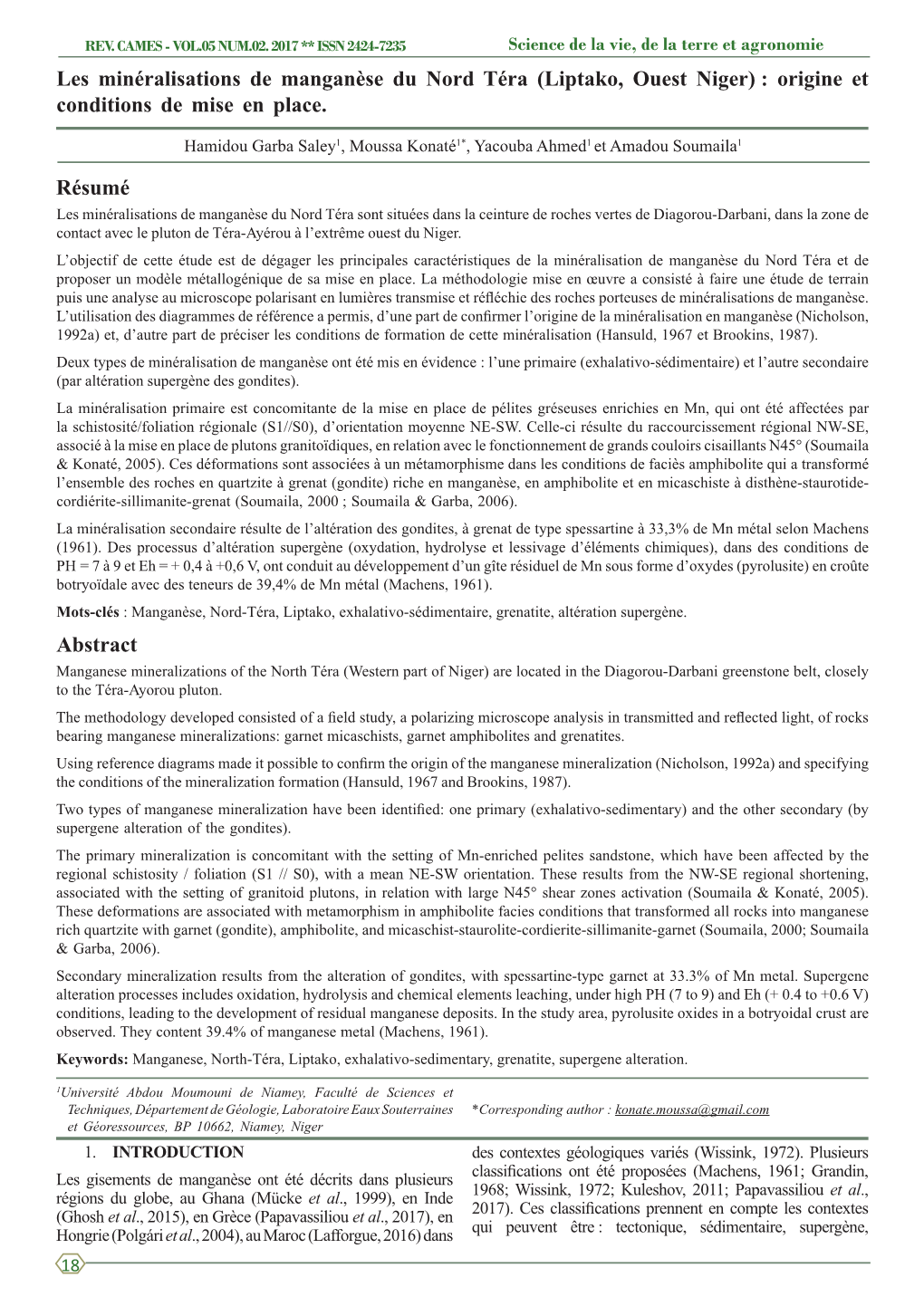 Les Minéralisations De Manganèse Du Nord Téra (Liptako, Ouest Niger) : Origine Et Conditions De Mise En Place