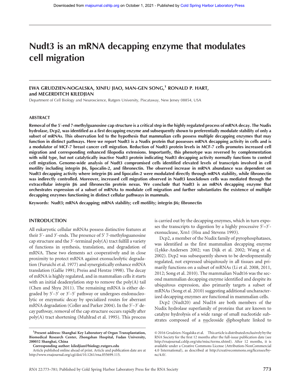 Nudt3 Is an Mrna Decapping Enzyme That Modulates Cell Migration