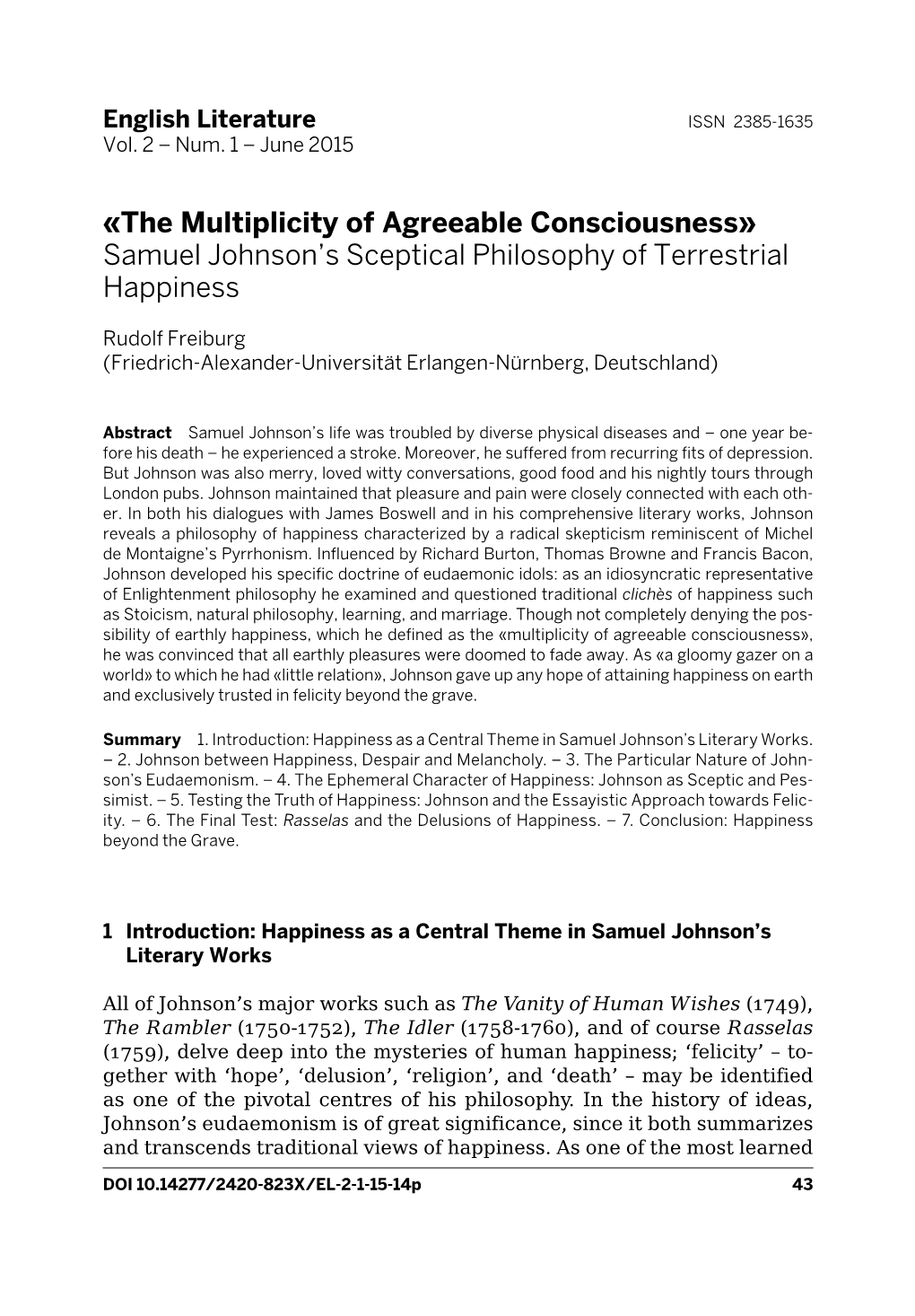 Samuel Johnson's Sceptical Philosophy of Terrestrial Happiness