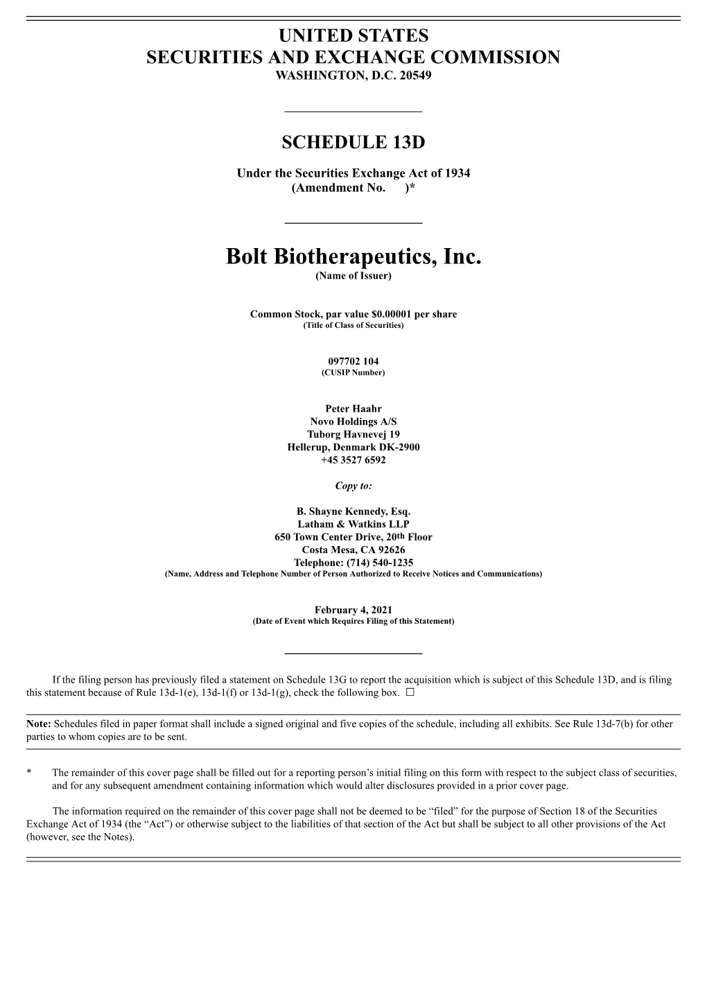 Bolt Biotherapeutics, Inc. (Name of Issuer)