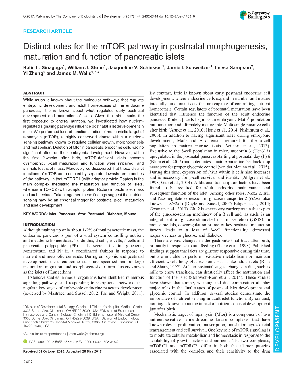 Distinct Roles for the Mtor Pathway in Postnatal Morphogenesis, Maturation and Function of Pancreatic Islets Katie L