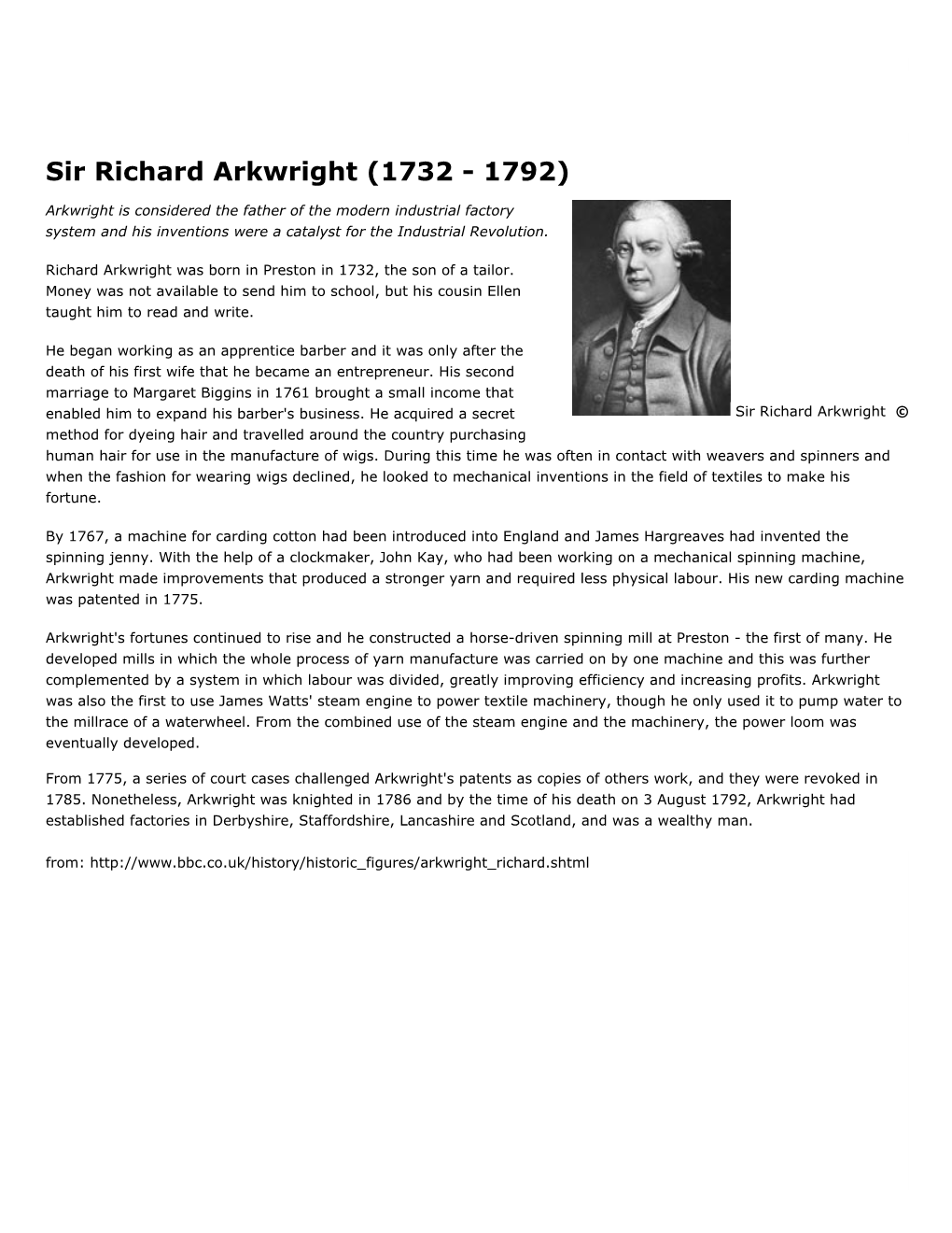 Sir Richard Arkwright (1732 - 1792)