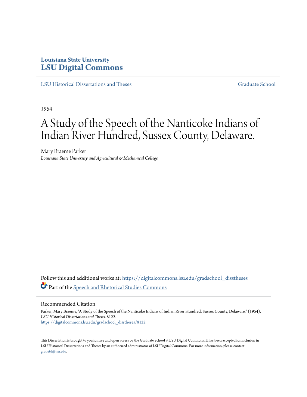 A Study of the Speech of the Nanticoke Indians of Indian River Hundred, Sussex County, Delaware