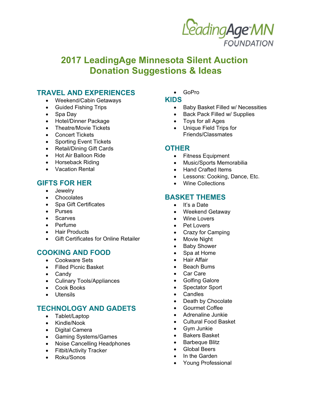 2017 Leadingage Minnesota Silent Auction