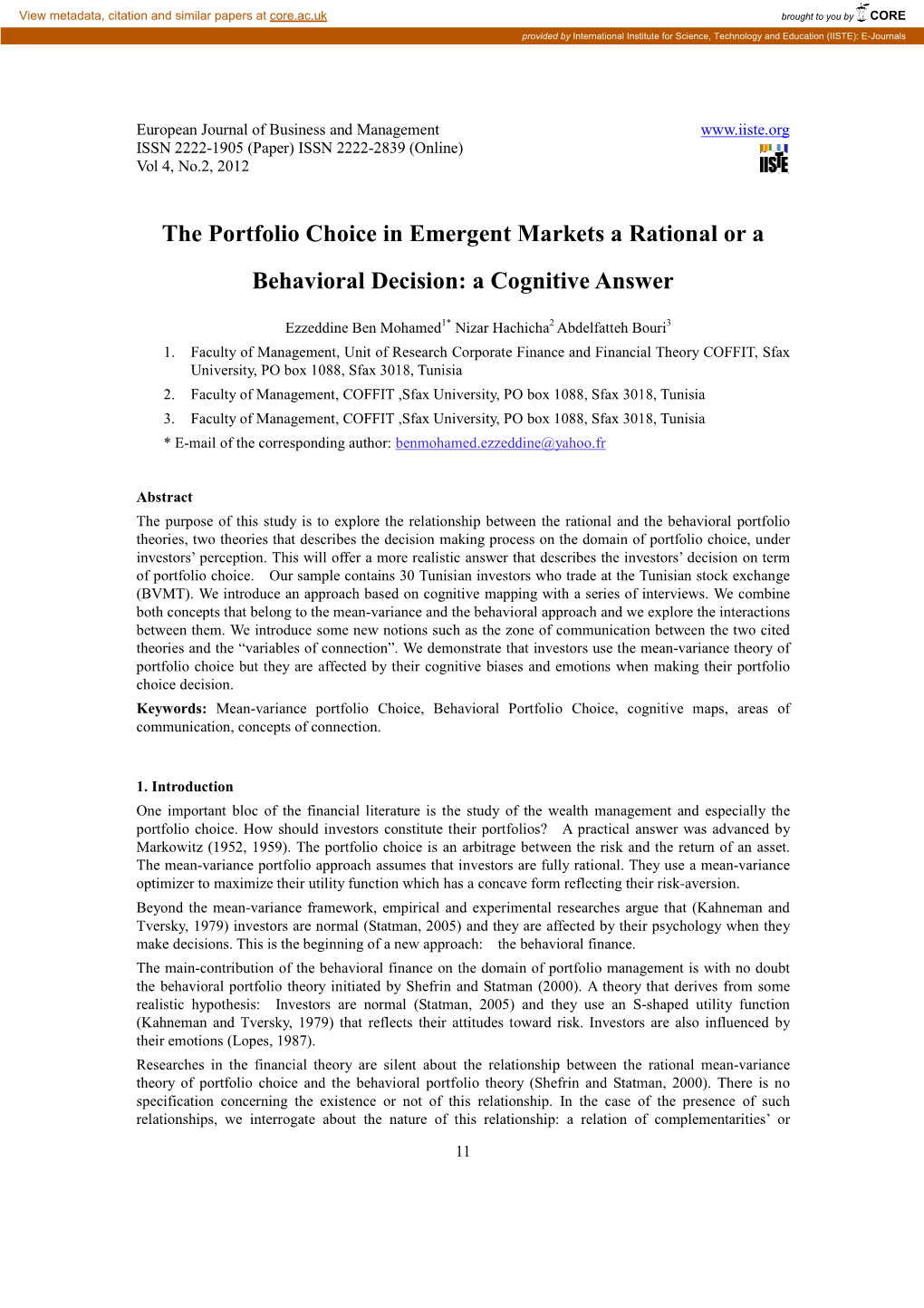 The Portfolio Choice in Emergent Markets a Rational Or a Behavioral Decision: a Cognitive Answer