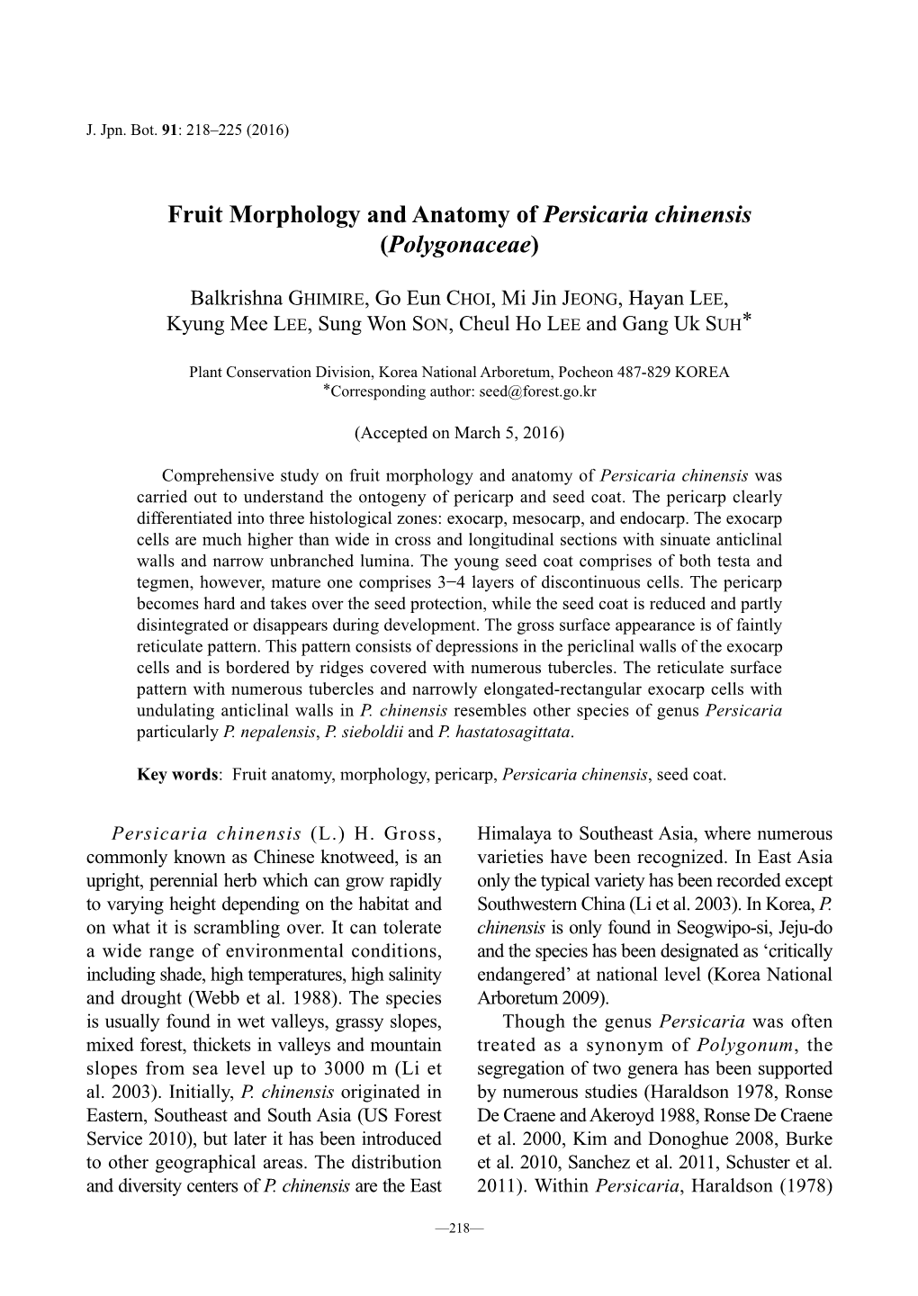 Fruit Morphology and Anatomy of Persicaria Chinensis (Polygonaceae)