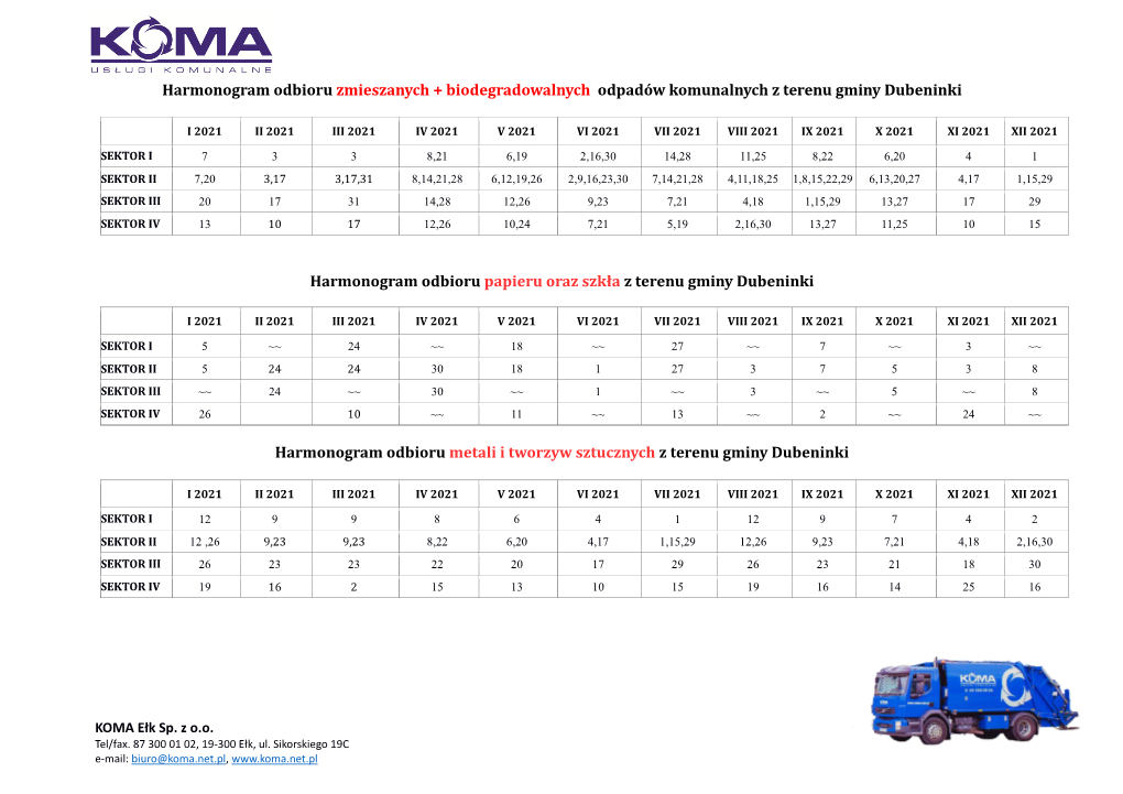Harmonogram Odbioru Zmieszanych + Biodegradowalnych Odpadów Komunalnych Z Terenu Gminy Dubeninki