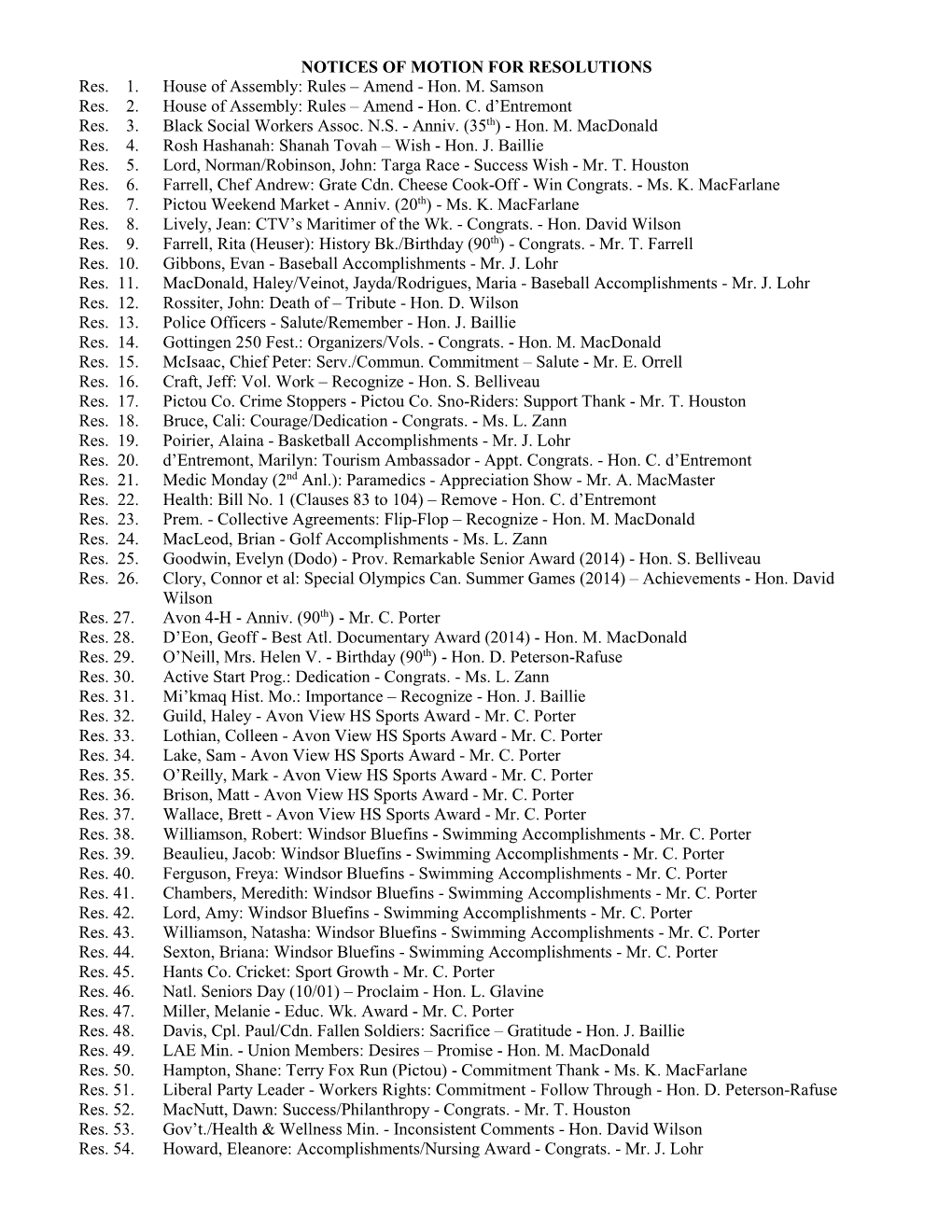 NOTICES of MOTION for RESOLUTIONS Res. 1. House of Assembly: Rules – Amend - Hon