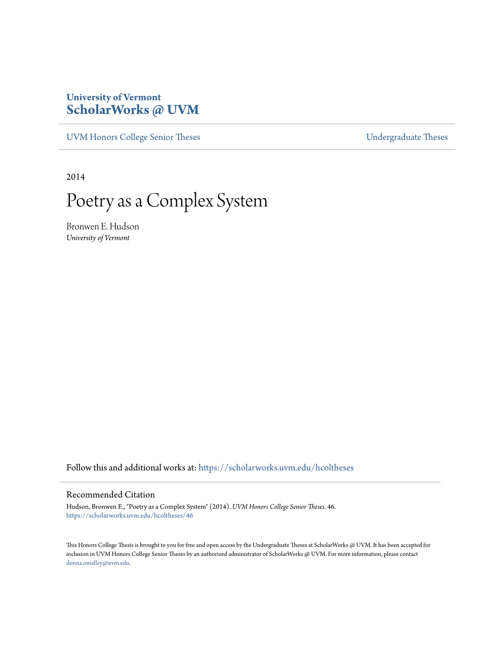 Poetry As a Complex System Bronwen E