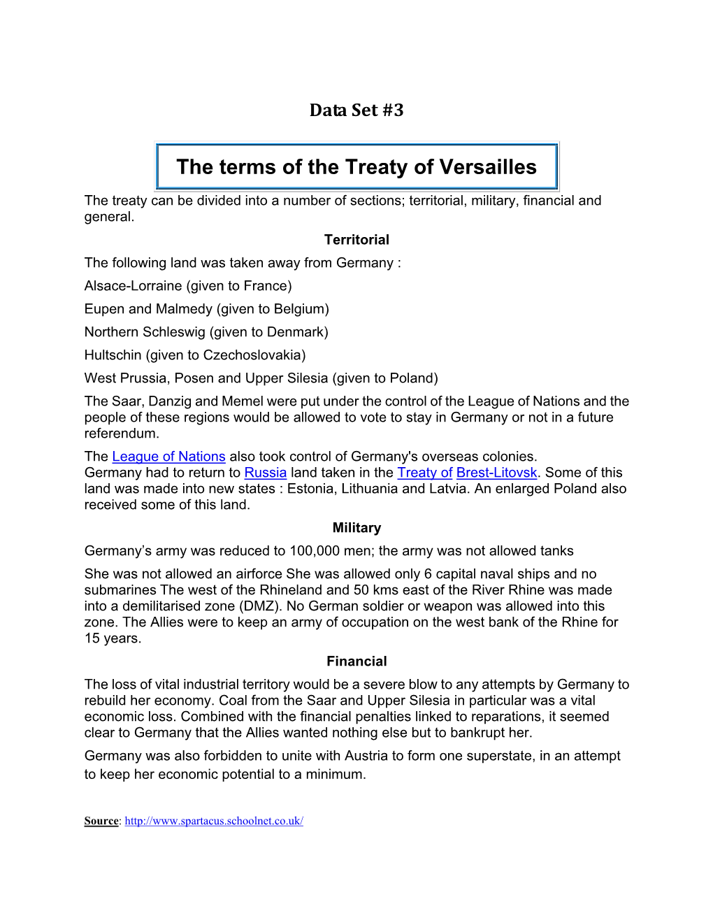 The Terms of the Treaty of Versailles