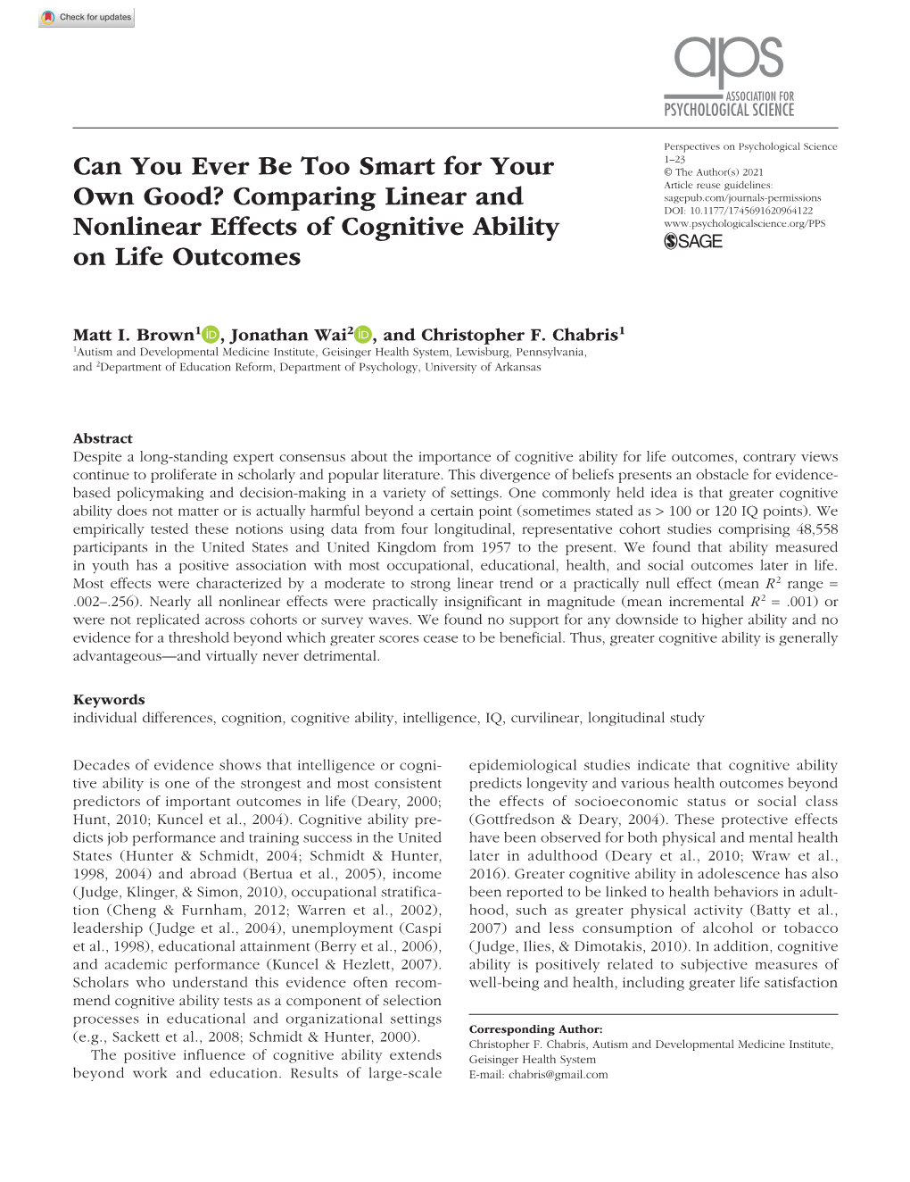 Comparing Linear and Nonlinear Effects of Cognitive Ability on Life