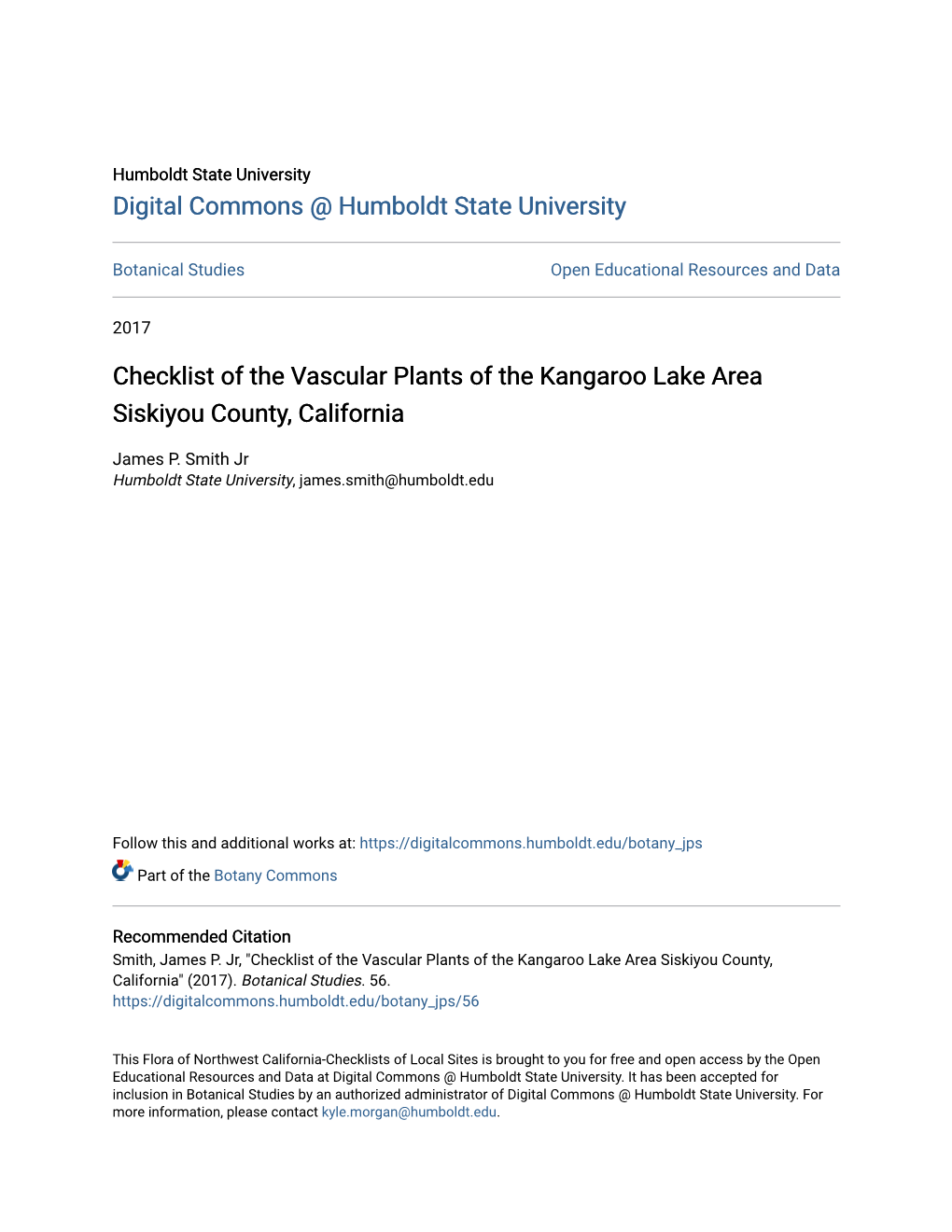 Checklist of the Vascular Plants of the Kangaroo Lake Area Siskiyou County, California