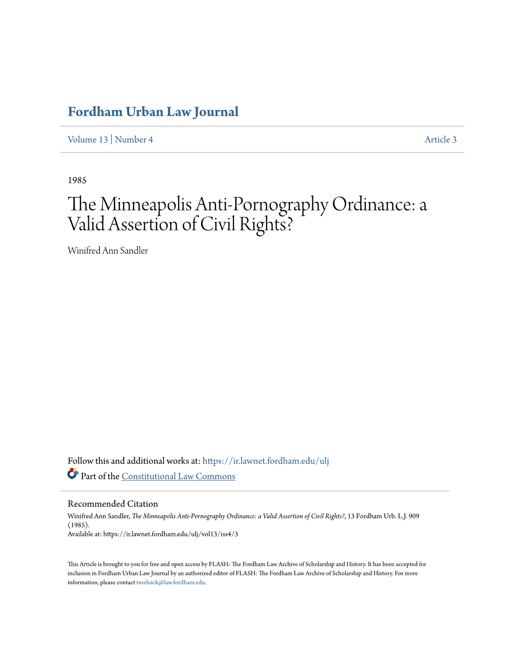 The Minneapolis Anti-Pornography Ordinance: a Valid Assertion of Civil Rights?, 13 Fordham Urb