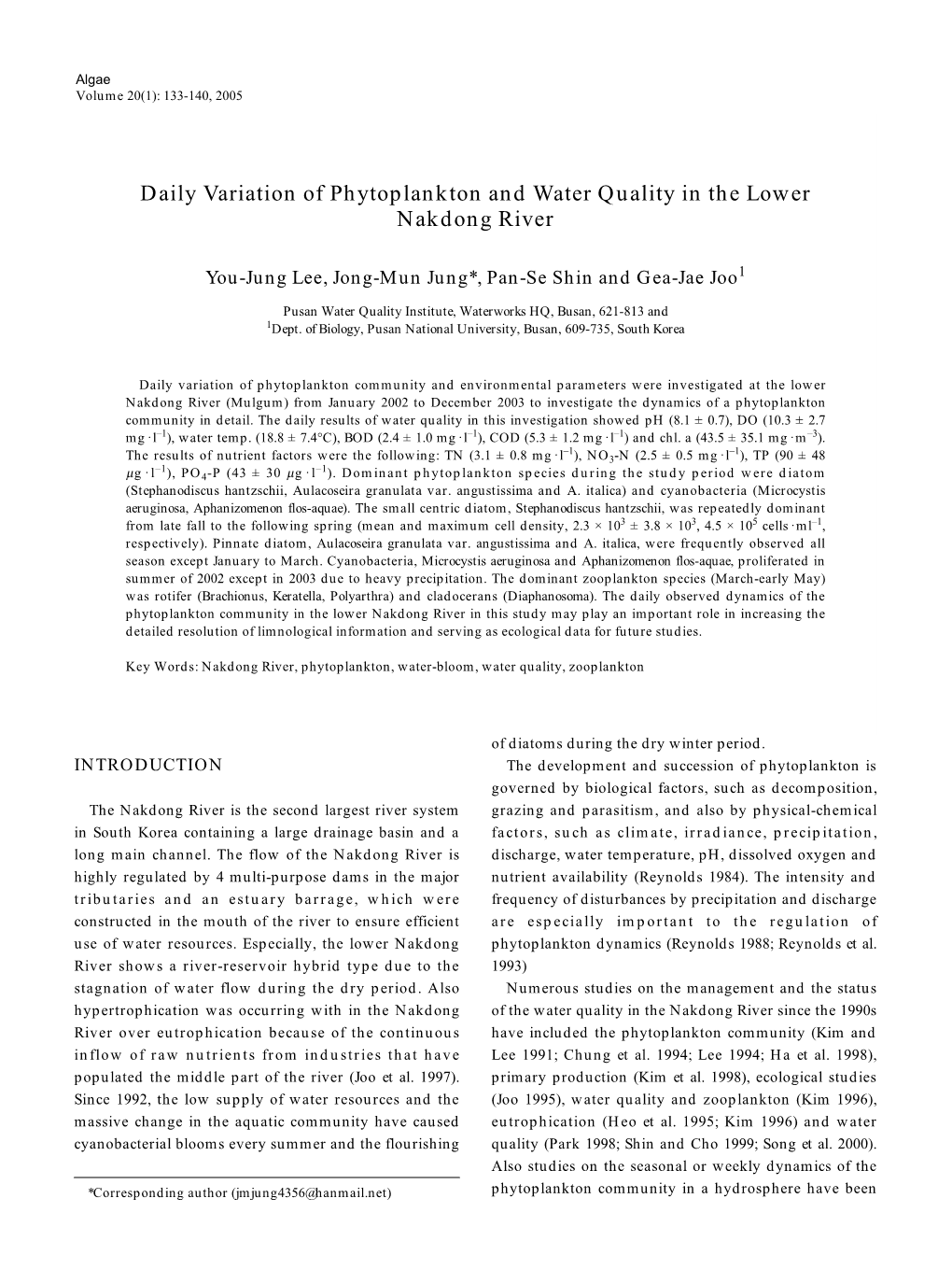 Daily Variation of Phytoplankton and Water Quality in the Lower Nakdong River