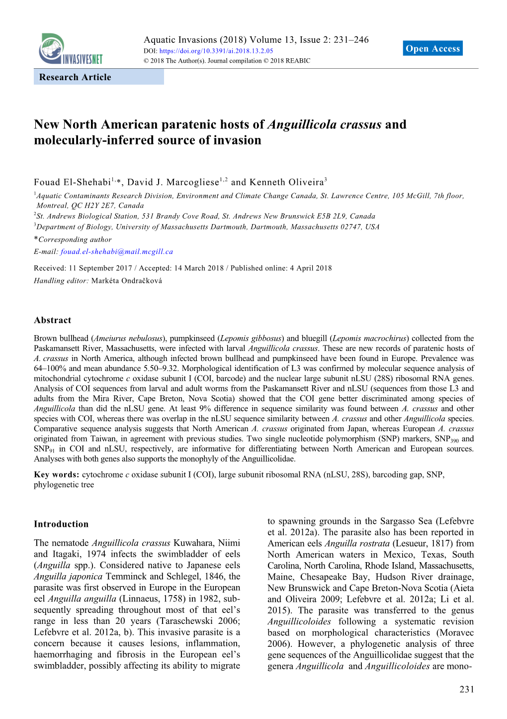 New North American Paratenic Hosts of Anguillicola Crassus and Molecularly-Inferred Source of Invasion