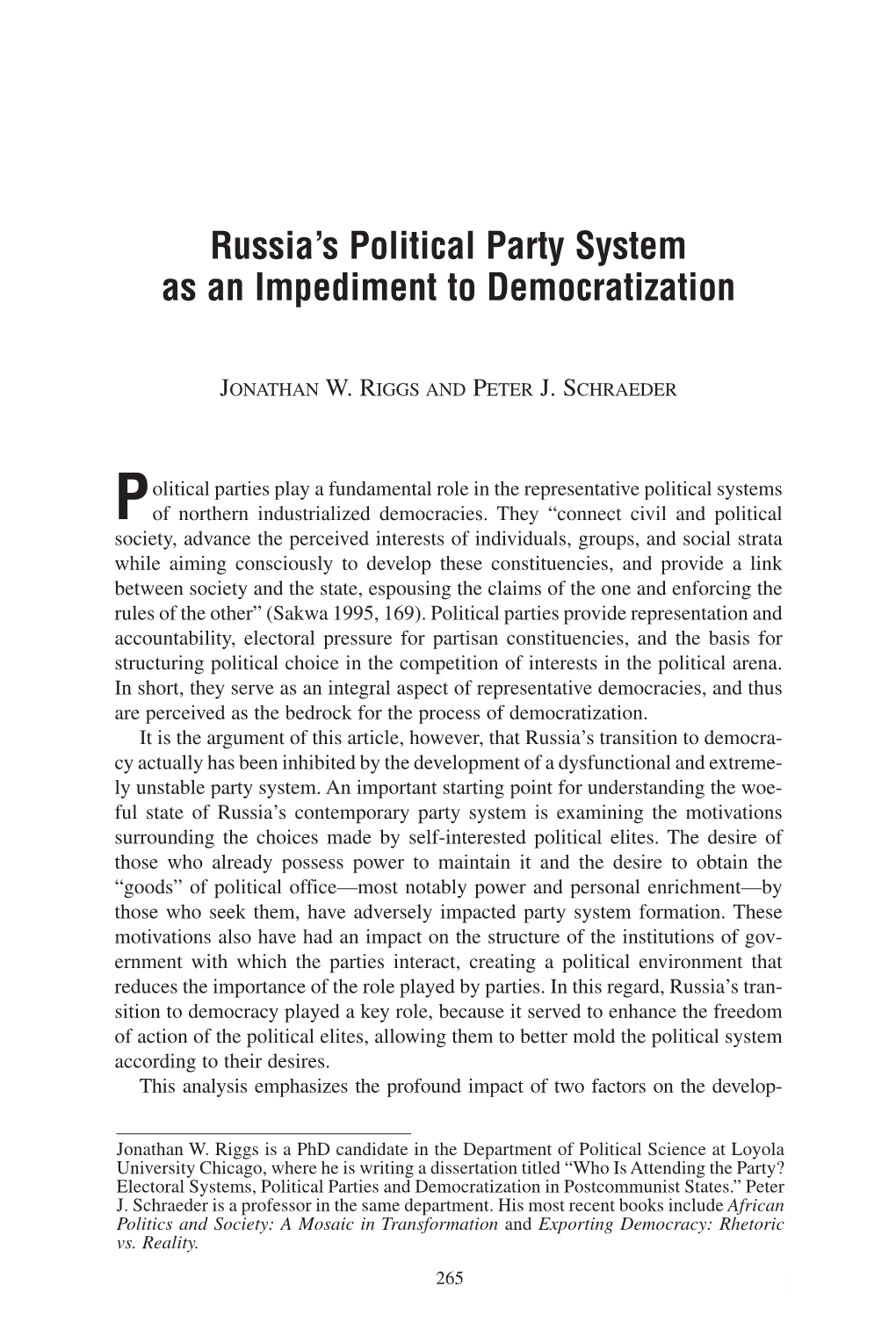 Russia's Political Party System As an Impediment to Democratization