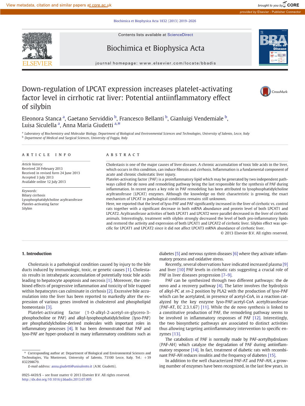 Down-Regulation of LPCAT Expression Increases Platelet-Activating Factor Level in Cirrhotic Rat Liver: Potential Antiinﬂammatory Effect of Silybin