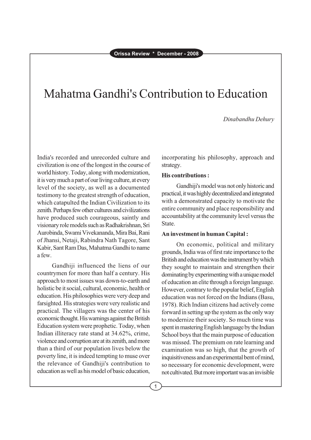 Mahatma Gandhi's Contribution to Education