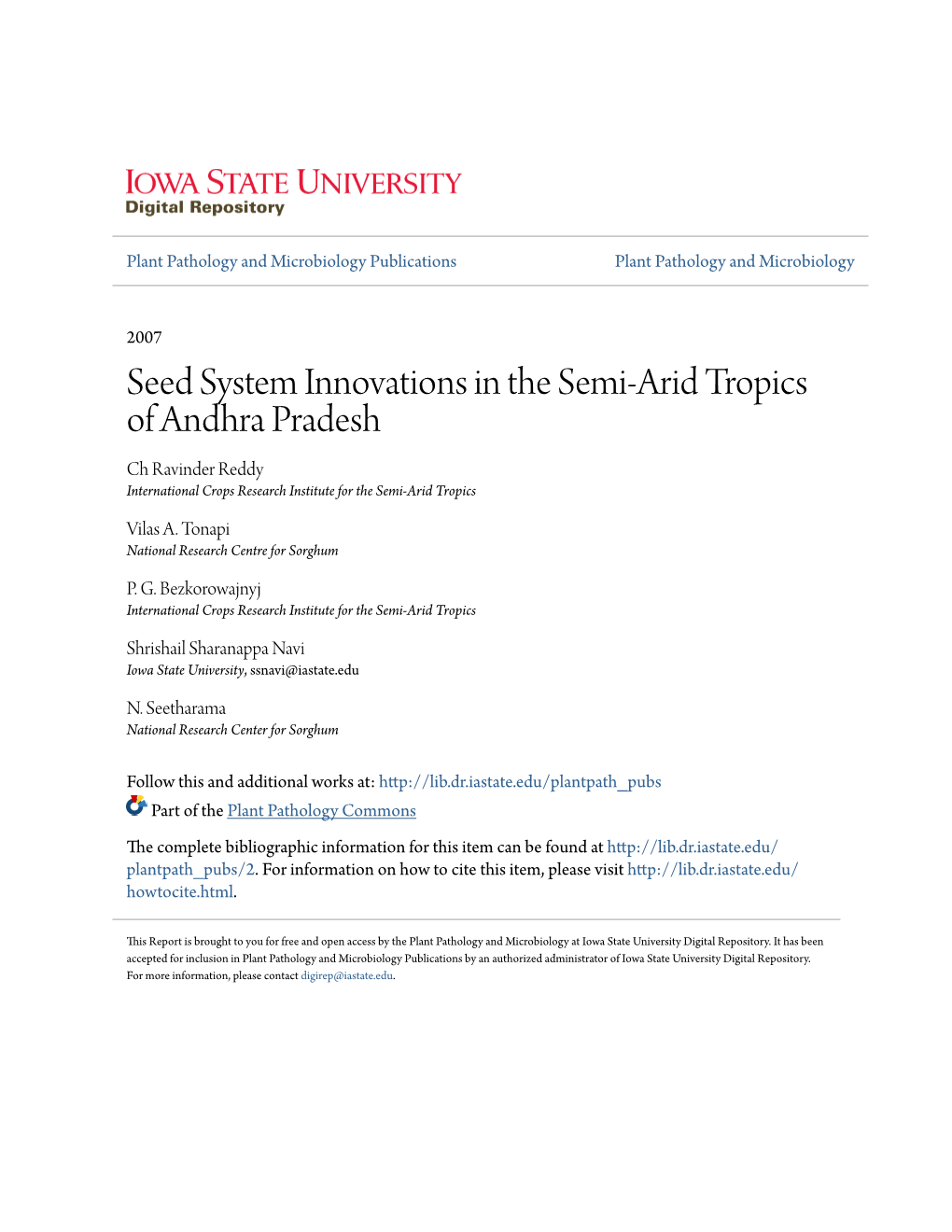 Seed System Innovations in the Semi-Arid Tropics of Andhra Pradesh Ch Ravinder Reddy International Crops Research Institute for the Semi-Arid Tropics