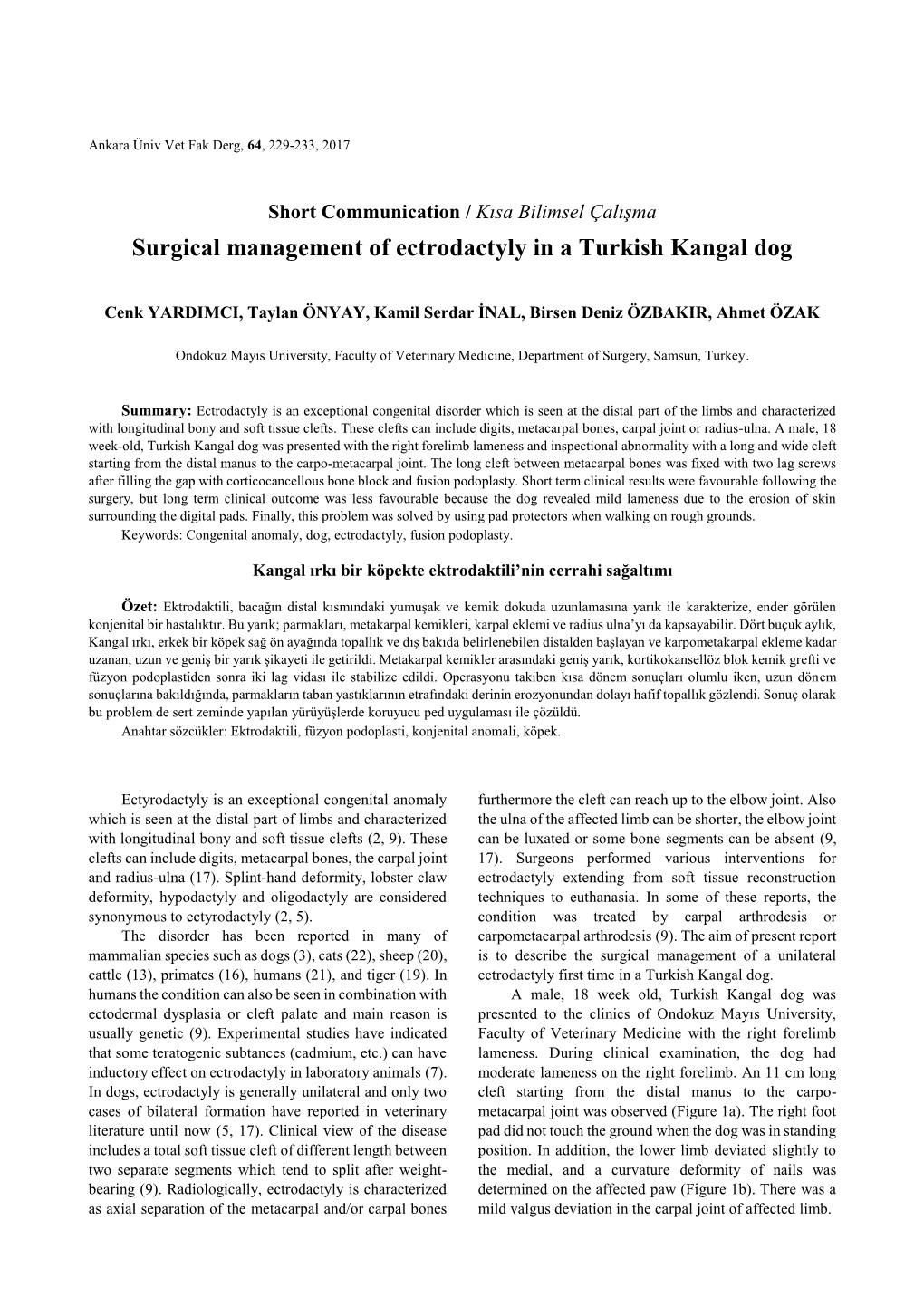 Surgical Management of Ectrodactyly in a Turkish Kangal Dog