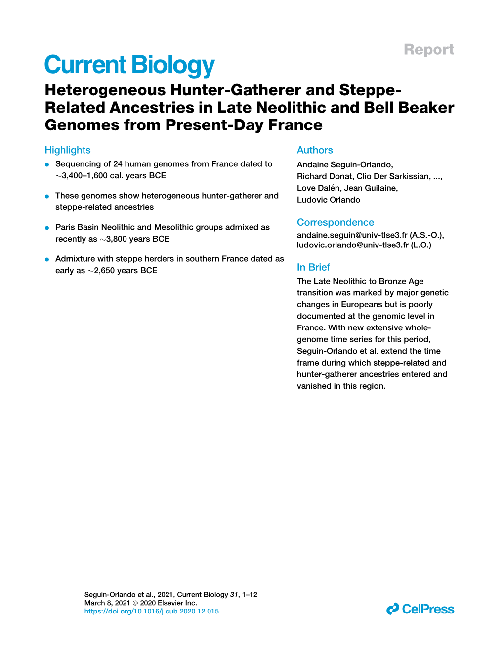 Heterogeneous Hunter-Gatherer and Steppe-Related Ancestries in Late Neolithic and Bell Beaker Genomes from Present-Day France