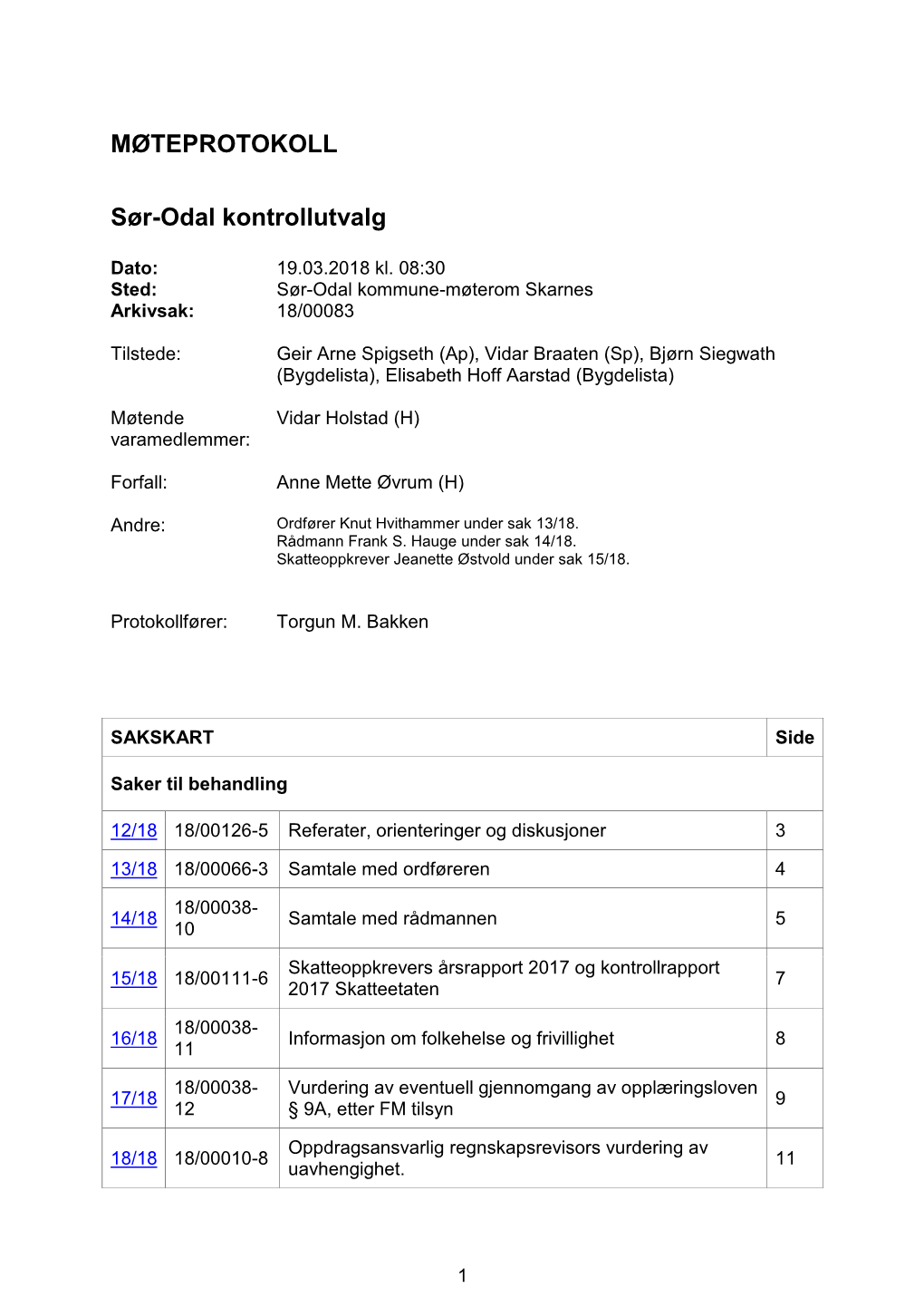 Agenda Sør-Odal Kontrollutvalg 19.03.2018 Kl. 08:30