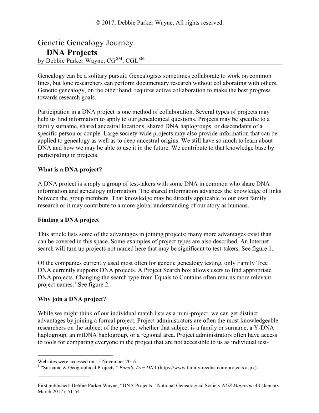 Genetic Genealogy Journey DNA Projects by Debbie Parker Wayne, CGSM, CGLSM