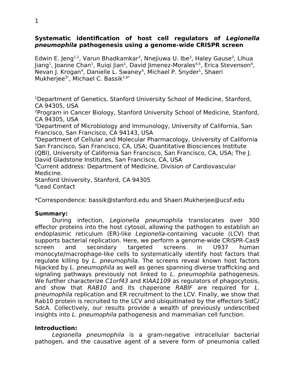 Systematic Identification of Host Cell Regulators of Legionella Pneumophila Pathogenesis Using a Genome-Wide CRISPR Screen