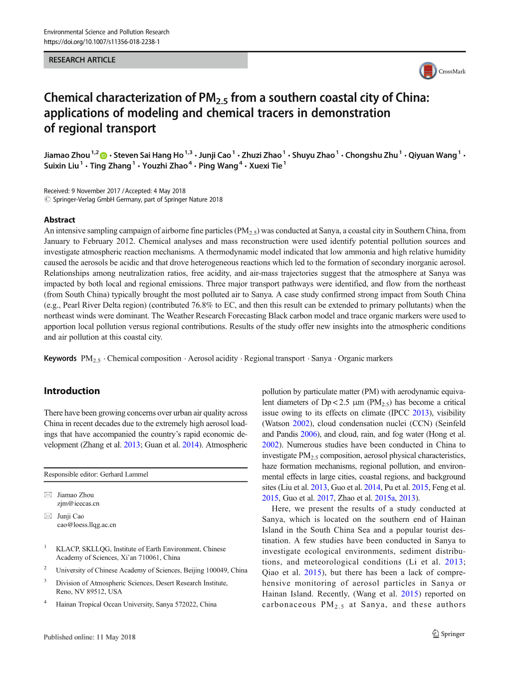 Chemical Characterization of PM2.5 from a Southern Coastal City of China: Applications of Modeling and Chemical Tracers in Demonstration of Regional Transport