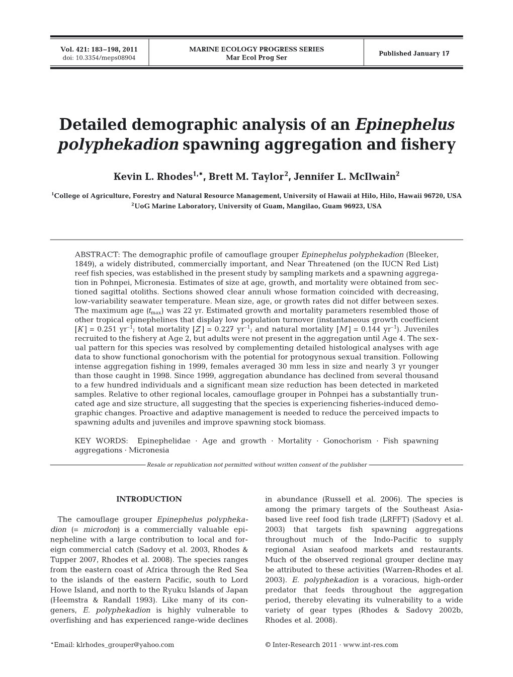 Detailed Demographic Analysis of an Epinephelus Polyphekadion Spawning Aggregation and Fishery