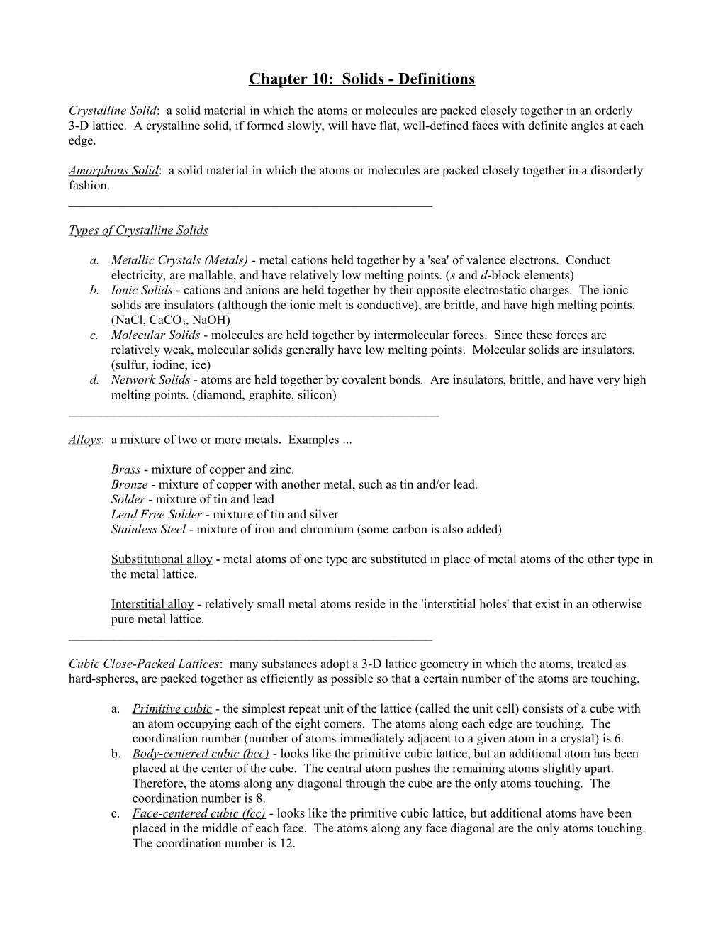 Chapter 10: Solids - Definitions