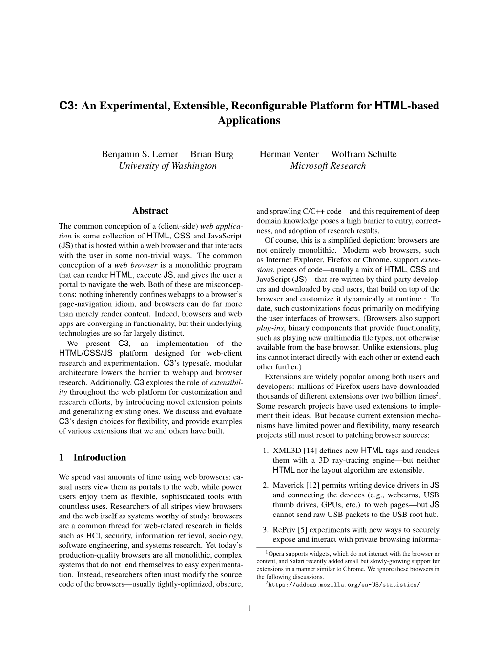 C3: an Experimental, Extensible, Reconfigurable Platform for HTML