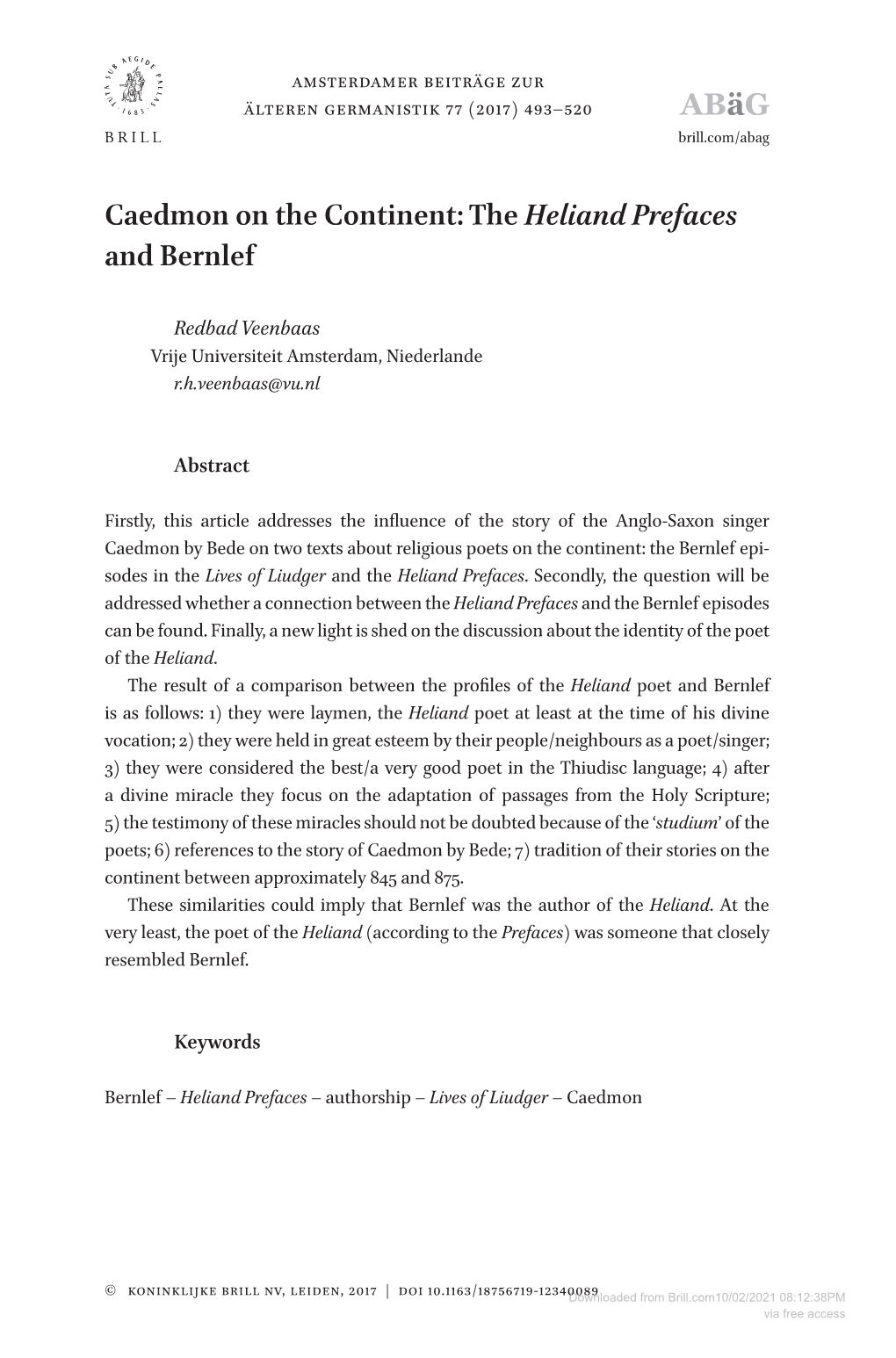 Caedmon on the Continent: the Heliand Prefaces and Bernlef