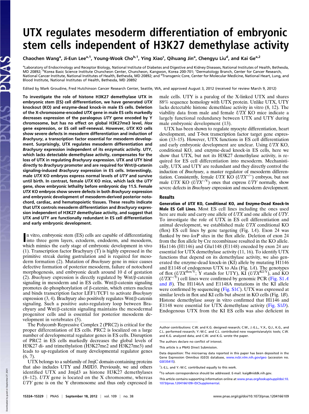 UTX Regulates Mesoderm Differentiation of Embryonic Stem Cells Independent of H3K27 Demethylase Activity