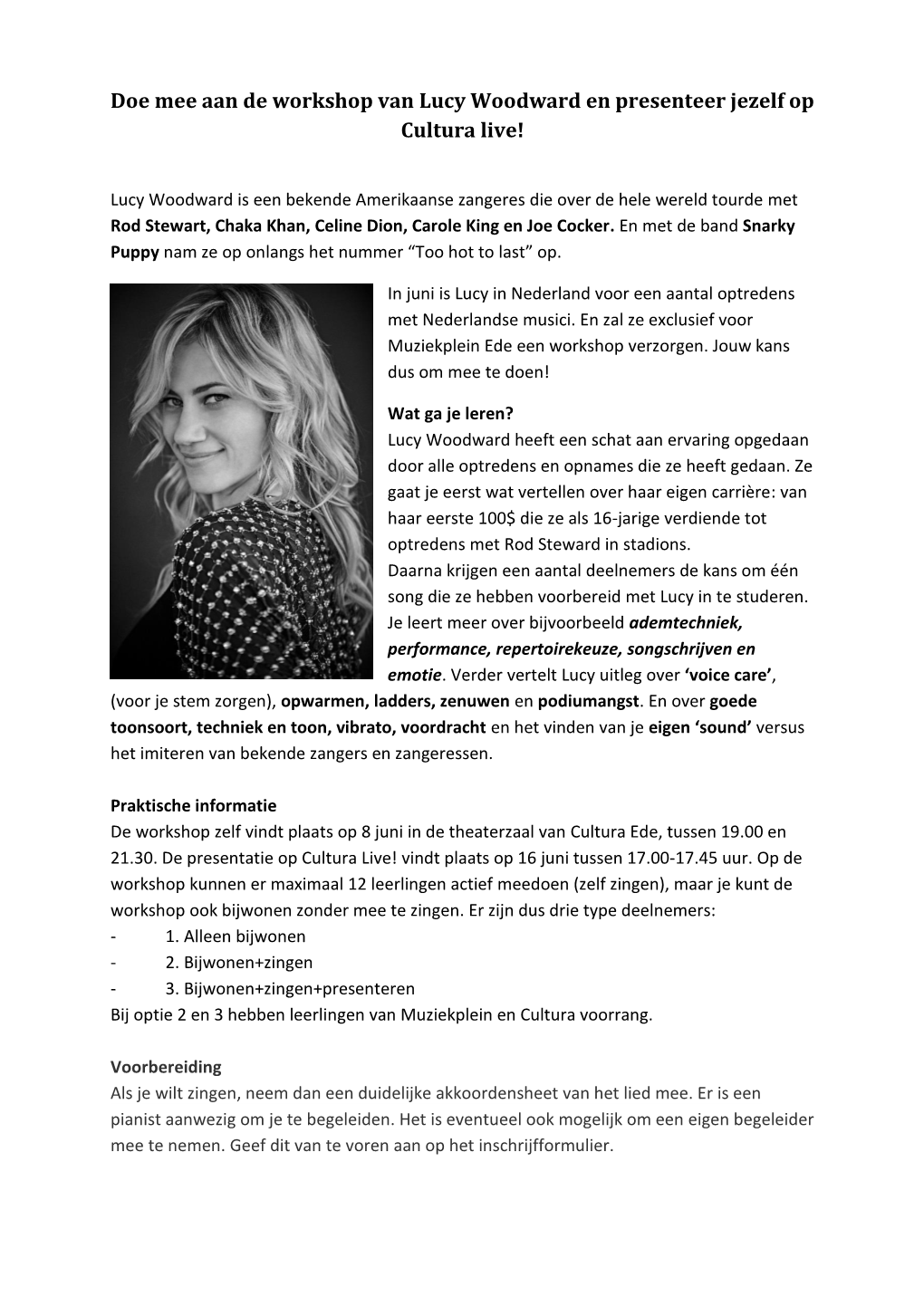 Doe Mee Aan De Workshop Van Lucy Woodward En Presenteer Jezelf Op Cultura Live!