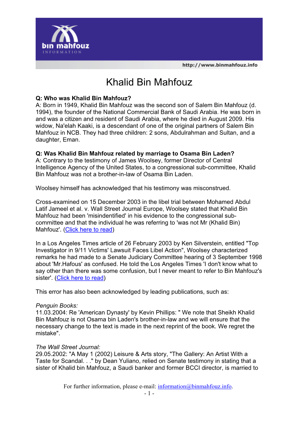 Sheikh Khalid Bin Mahfouz Is Not Osama Bin Laden's Brother-In-Law and We Will Ensure That the Necessary Change to the Text Is Made in the Next Reprint of the Book