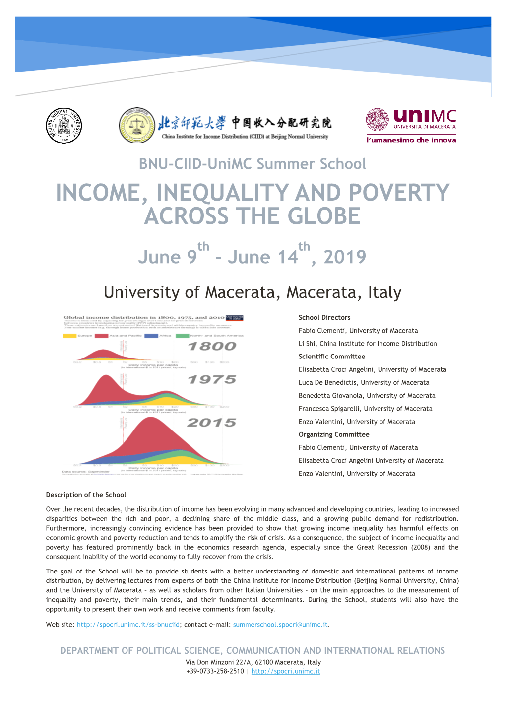INCOME, INEQUALITY and POVERTY ACROSS the GLOBE Th Th June 9 – June 14 , 2019