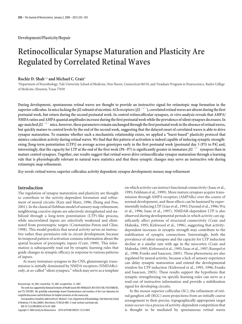 Retinocollicular Synapse Maturation and Plasticity Are Regulated by Correlated Retinal Waves