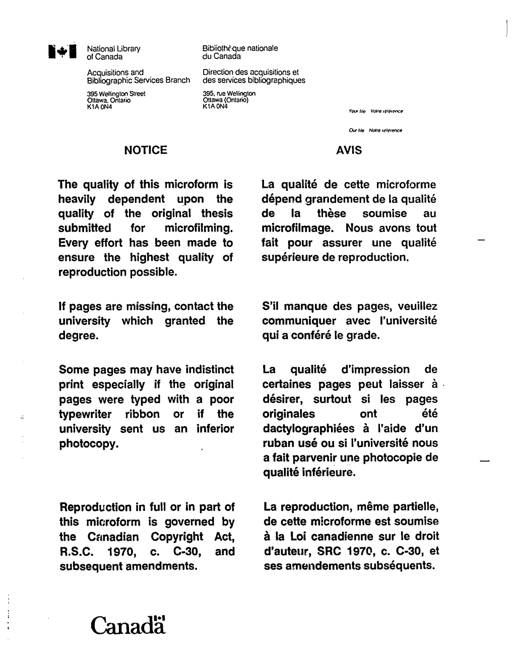 Canada Du Canada Acquisitions and Direction Des Acquisitions Et Bibliographie Services Branch Des Services Bibliographiques 395 Wellington Street 395