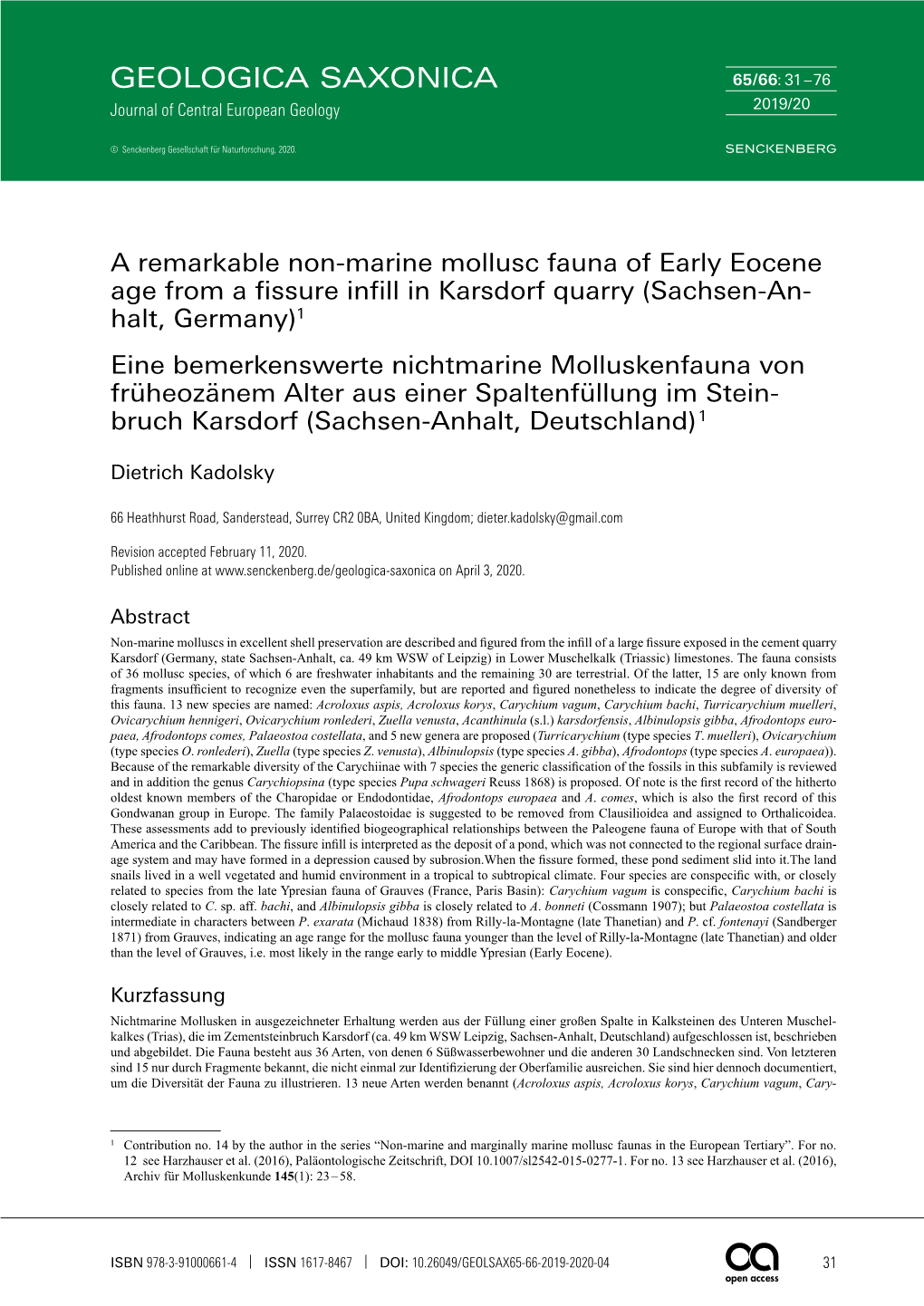 A Remarkable Non-Marine Mollusc Fauna of Early Eocene Age from A