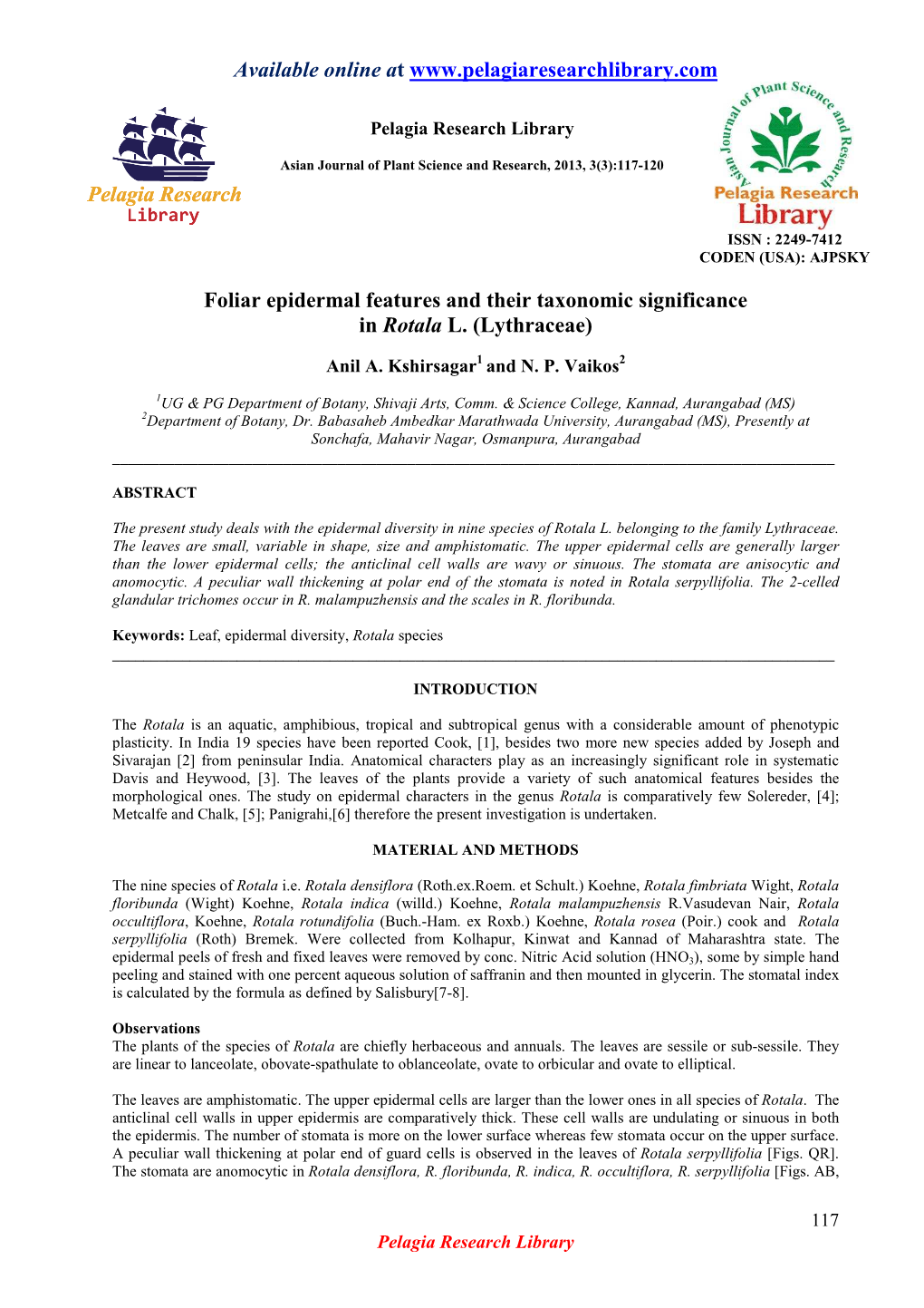 Available Online at Foliar Epidermal Features and Their Taxonomic Significance in Rotala L. (Lyt