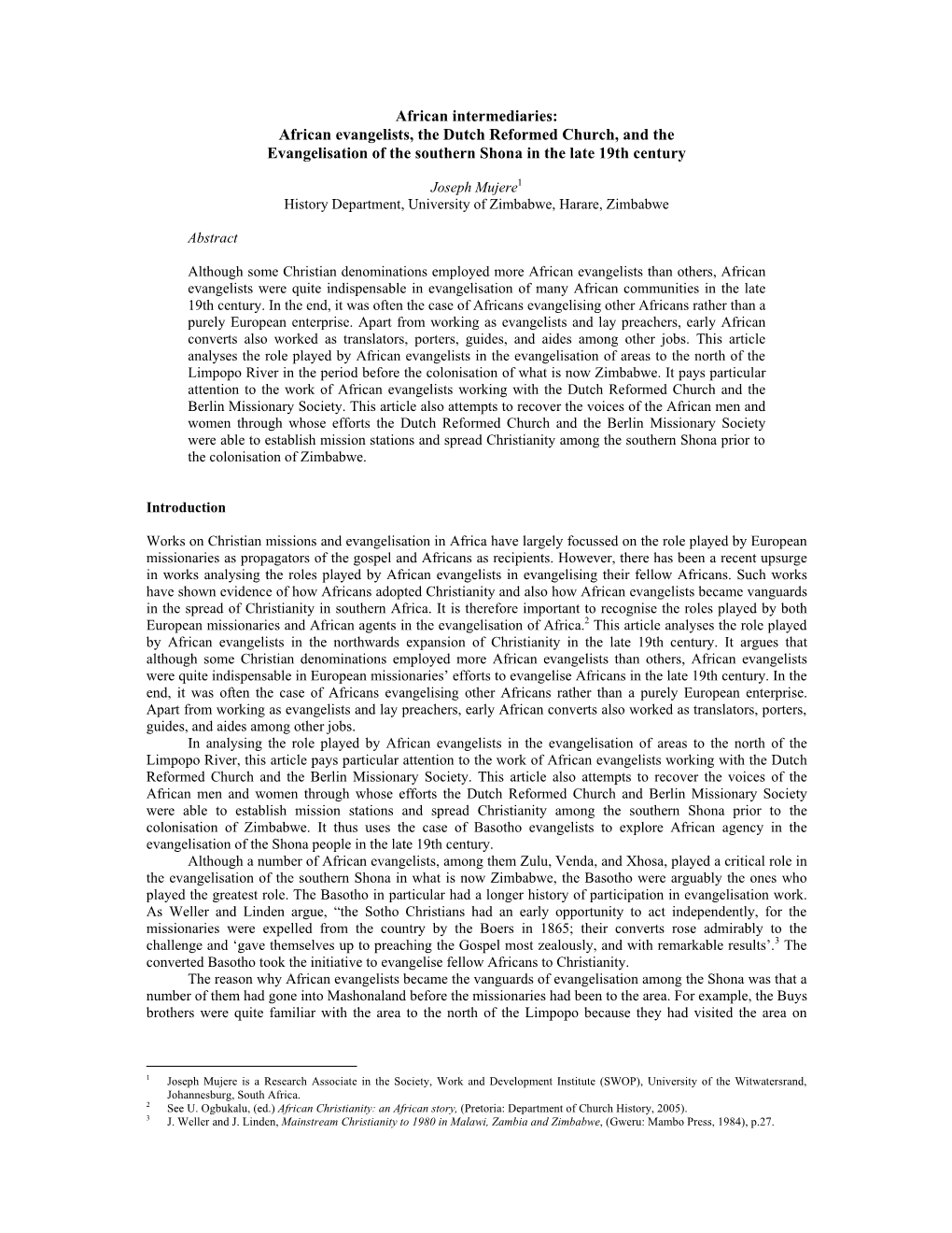 African Evangelists, the Dutch Reformed Church, and the Evangelisation of the Southern Shona in the Late 19Th Century