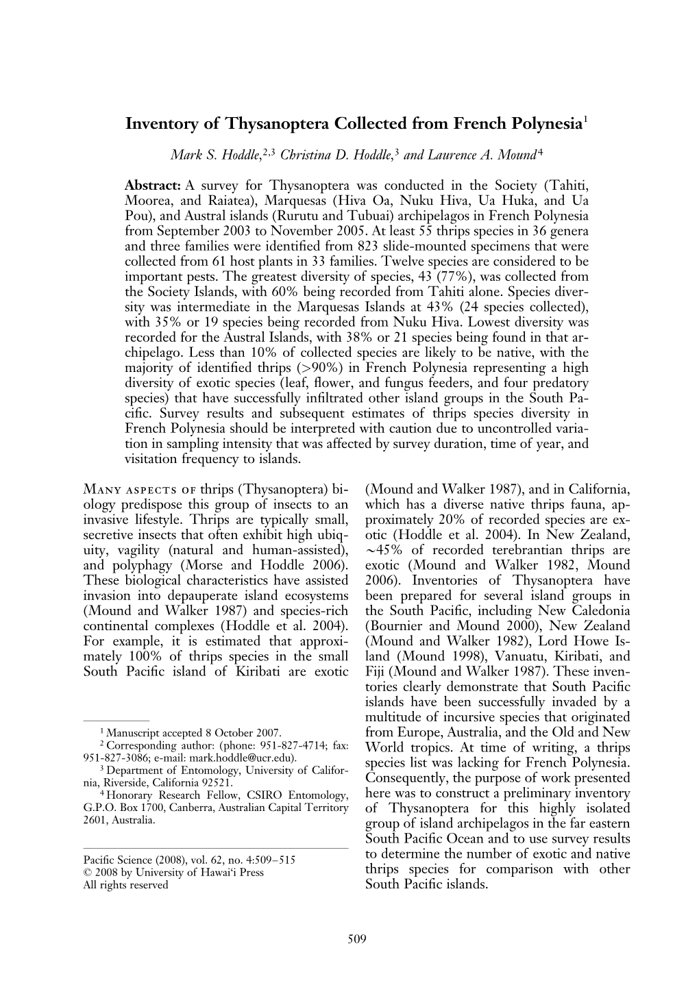 Inventory of Thysanoptera Collected from French Polynesia1