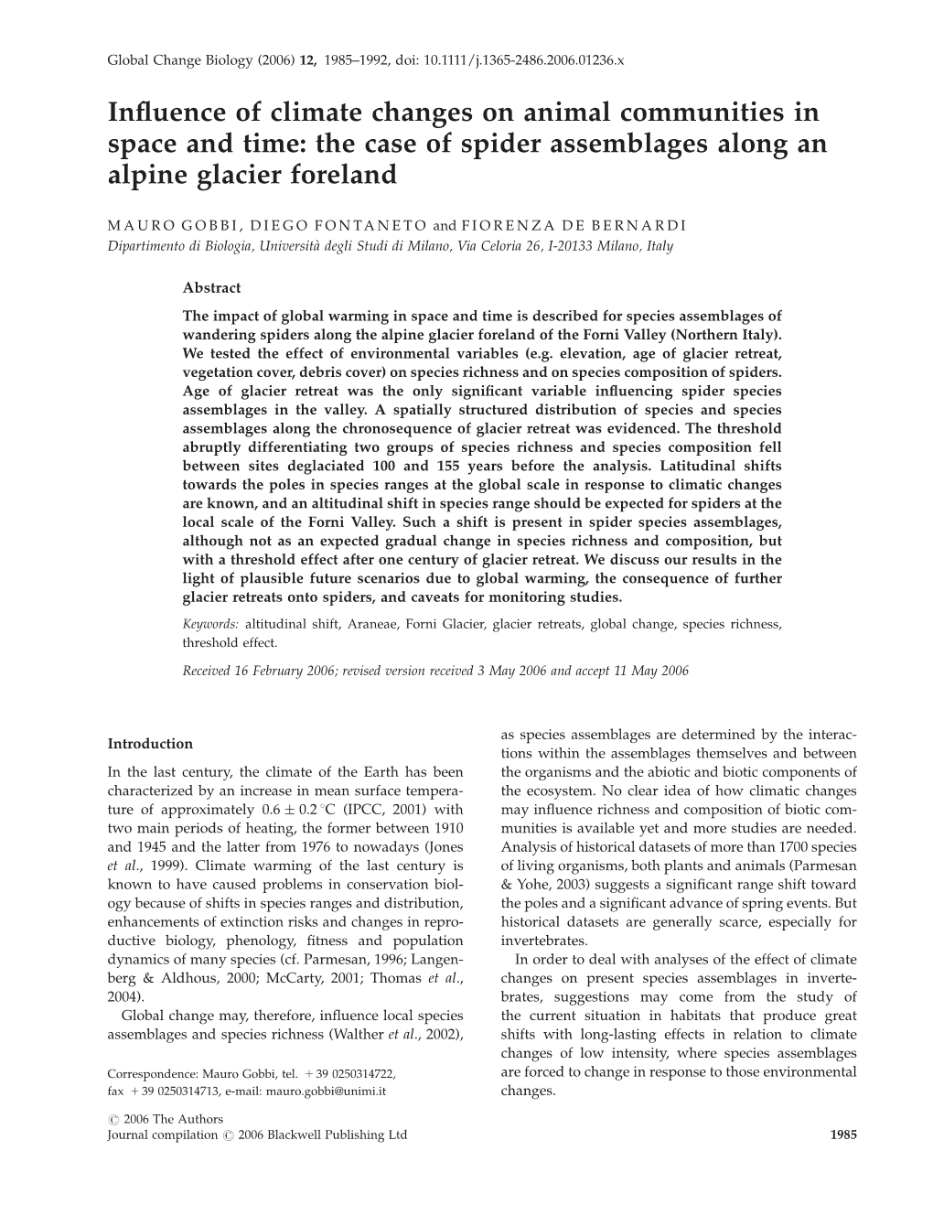 The Case of Spider Assemblages Along an Alpine Glacier Foreland