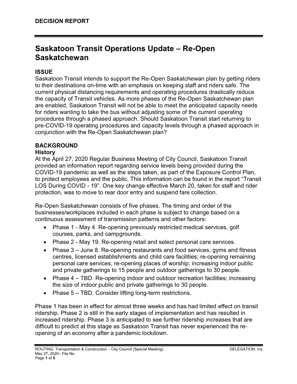 Saskatoon Transit Operations Update – Re-Open Saskatchewan