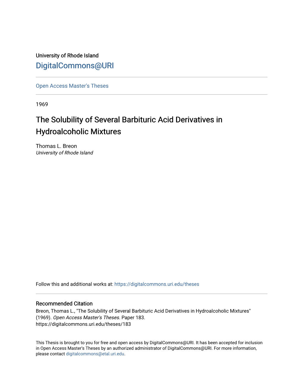 The Solubility of Several Barbituric Acid Derivatives in Hydroalcoholic Mixtures